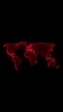 Red neon world map on dark background global. Red neon world map for international data warning. Digital red neon world map animation for earth.