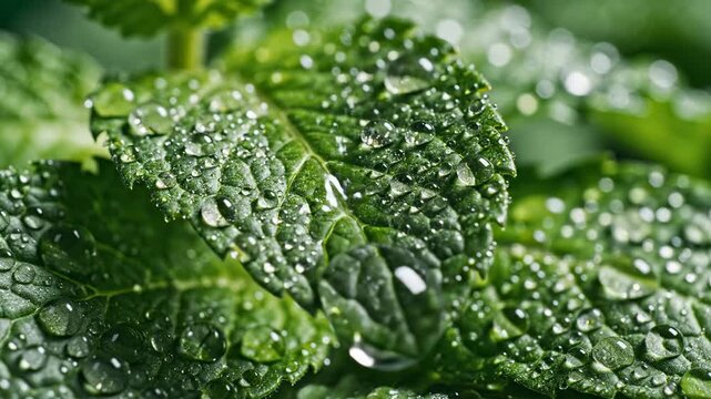 close up of fresh mint leaves being watered, with many water droplets glistening on the vibrant green foliage, suggesting freshness and purity, ideal for health and wellness themes