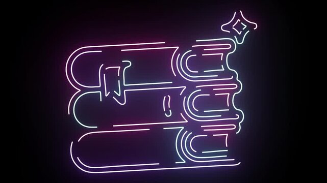 Vibrant Neon Stacked Books Icon Animation Glowing With Magical Sparkles Set Against A Solid Deep Black Background For Education And Literature Concepts Featuring A Dynamic Minimalist Digital Graphic S
