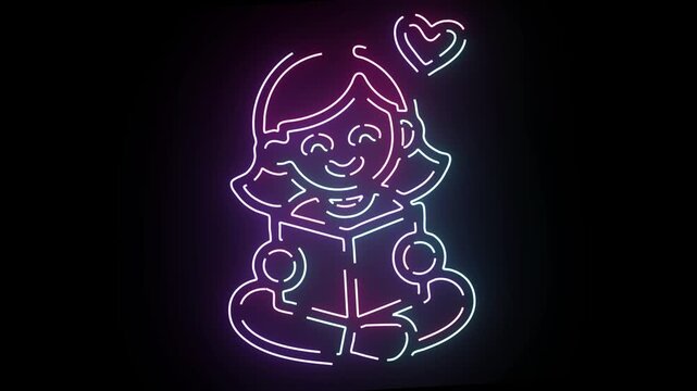 A vibrant neon glowing line art animation depicting a happy girl reading a book with a floating heart icon above her head set against a dark black background featuring smooth pulsing light transitions