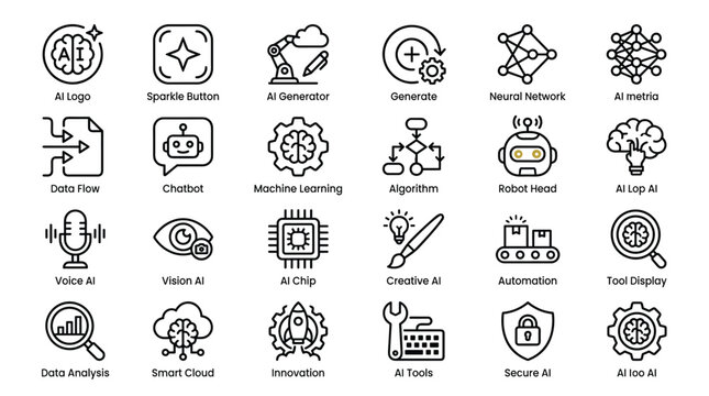 Artificial intelligence line icons set, collection of vector illustration, ai logo, sparkle button, ai generator, generate, neural network, ai metria, data flow, chatbot, machine learning.