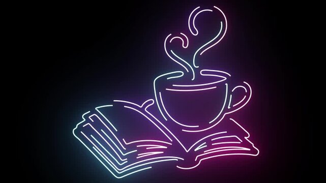 Vibrant Neon Sign Animation Depicting An Open Book With A Steaming Cup Of Hot Coffee Glowing In Pink And Blue Light Against A Deep Black Background Perfect For Cozy Reading Sessions And Cafe Concept A