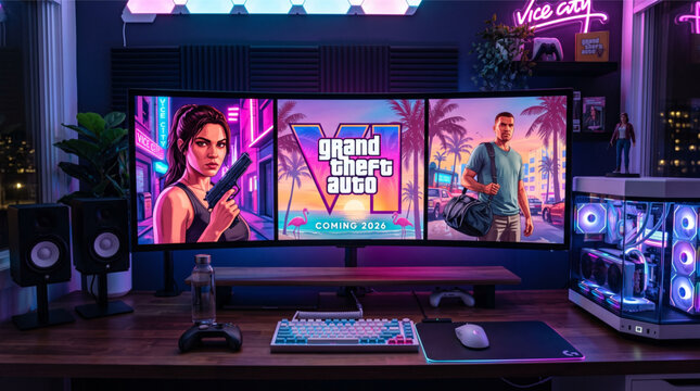 Grand Theft Auto VI GTA 6 video game logo and character artwork on ultrawide gaming PC monitor in neon room setup with mechanical keyboard, RGB computer, speakers, and Vice City sign mockup.