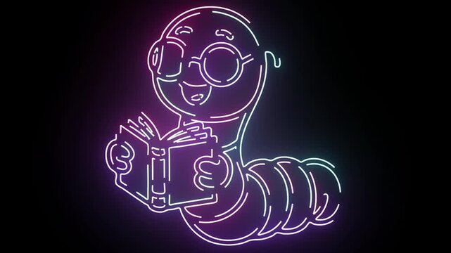 A Glowing Purple Neon Graphic of an Animated Bookworm Wearing Round Eyeglasses While Reading a Storybook Against a Deep Black Background Showing Simple Line Art Design for Educational Video Content