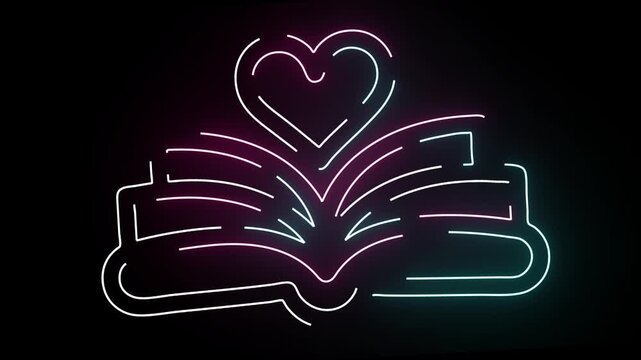 Abstract Neon Glowing Open Book Illustration With A Floating Heart Symbol Above It Creating A Vibrant Digital Line Art Animation Effect On A Solid Dark Background For Educational Creative Concept Medi