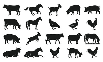 Obraz premium Farm Animals and Poultry Silhouette Collection Vector Set
