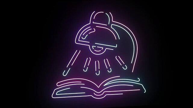 Neon lamp and open book icon animation glowing with shifting blue and purple light on a dark black background illustrating study education knowledge learning concepts and bright academic enlightenment