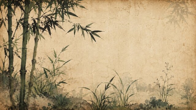 Vintage bamboo ink painting on textured paper, traditional oriental botanical mural, zen nature background