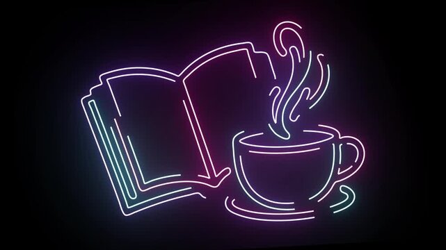 Vibrant Neon Sign Display Featuring An Open Book Next To A Steaming Cup Of Fresh Coffee With Glowing Magenta And Cyan Blue Light Lines Isolated On A Deep Dark Black Background For A Cozy Reading Vibe