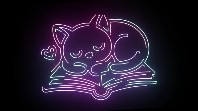 Vibrant Neon Cat Sleeping On An Open Book Animated Sign Glowing With Purple And Blue Light Effect Against A Deep Dark Background For A Whimsical Aesthetic Display Of Cozy Reading Time And Cute Animal