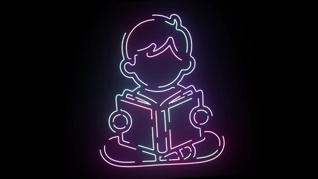 Neon Line Art Graphic of a Young Boy Reading a Book Sitting Cross Legged on the Floor against a Dark Background Glowing Animated Illustration for Education Themes and Children Learning Concept Video