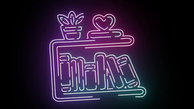 Vibrant glowing neon bookstore shelf animation featuring colorful books with an organic potted plant and a decorative heart shape on top shelf with shifting gradient light transitions on dark backgrou