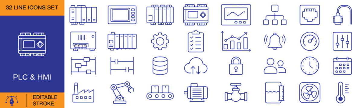 PLC & HMI Vector Outline Icons Set &ndash; Industrial Automation, Programmable Logic Controller and Human Machine Interface Line Symbols Collection