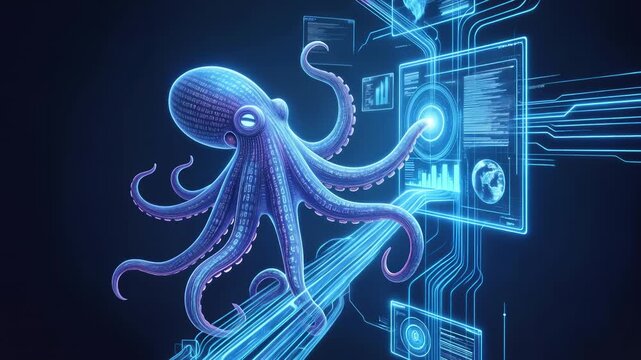 Bioluminescent octopus interacting with futuristic digital interface. Cybernetic cephalopod navigating virtual data streams. Static wide shot.