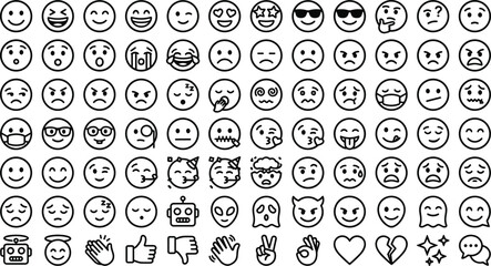 Comprehensive line art vector icon set of emoji emoticons facial expressions feelings gestures and mood symbols on white background © D P Store