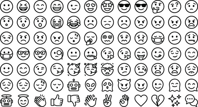 Comprehensive line art vector icon set of emoji emoticons facial expressions feelings gestures and mood symbols on white background