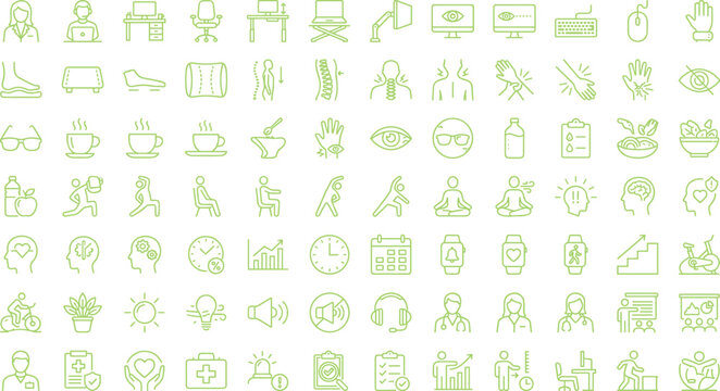 Ergonomics and corporate wellness green line icon set showcasing posture correction office health pain prevention and workplace safety