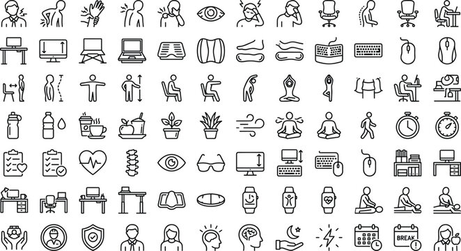 Ergonomics and workplace wellness line icon set featuring posture correction office health pain relief exercise and healthy habits