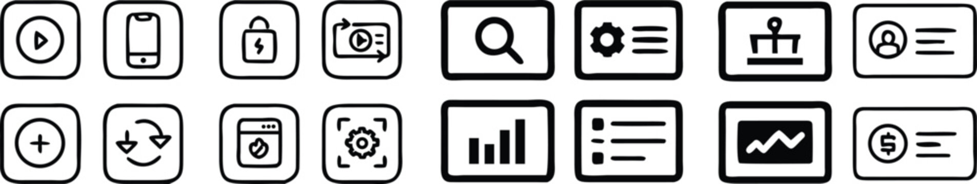 Set of black and white square featuring media playback, mobile device, security, settings, search, and financial data analytics