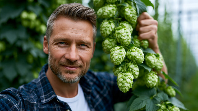 Photorealistic close-up harvest scene in a hop garden during late summer, farmer visible from mid-torso, both hands reaching up to pull down long bine of ripe hop cones from tall w