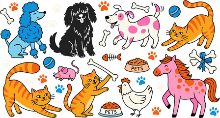 Fototapeta premium Colorful Hand Drawn Pet Animal Illustration Pattern with Dogs Cats Horse and Chicken on Black Background.