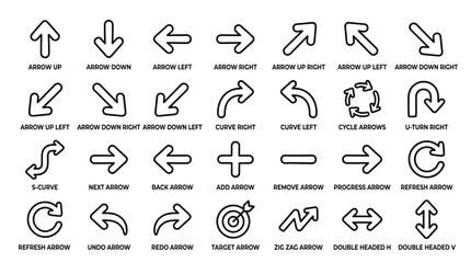 Fototapeta premium Collection of directional arrow icons for web design including straight curved and cycle shapes isolated on white background for user interface development art.
