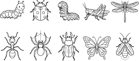 Naklejka premium Collection of cute black and white line art illustrations of various insects and their names.