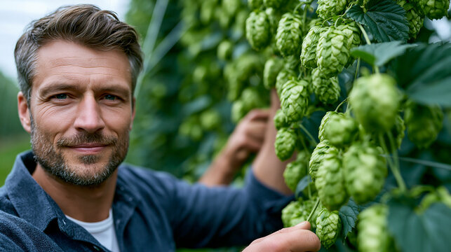 Photorealistic close-up harvest scene in a hop garden during late summer, farmer visible from mid-torso, both hands reaching up to pull down long bine of ripe hop cones from tall w