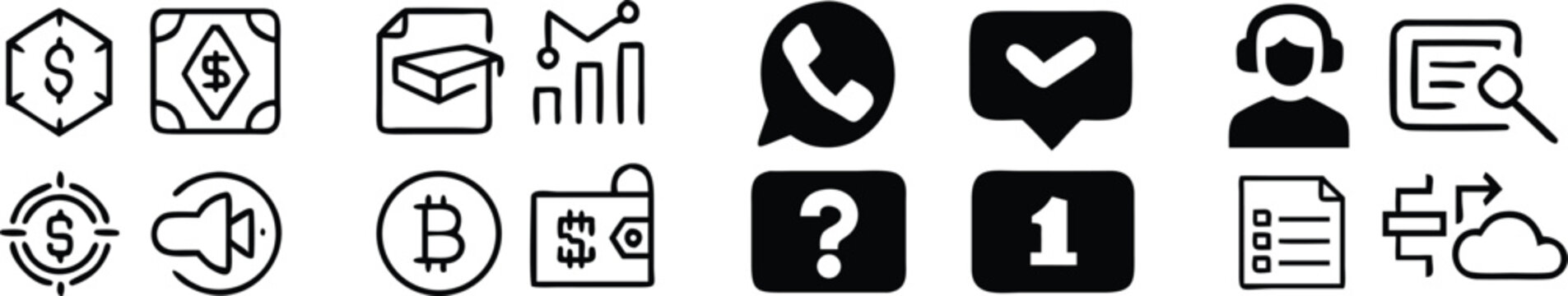 Set of black and white featuring financial symbols, cryptocurrency, customer support, data analysis, and cloud computing connectivity