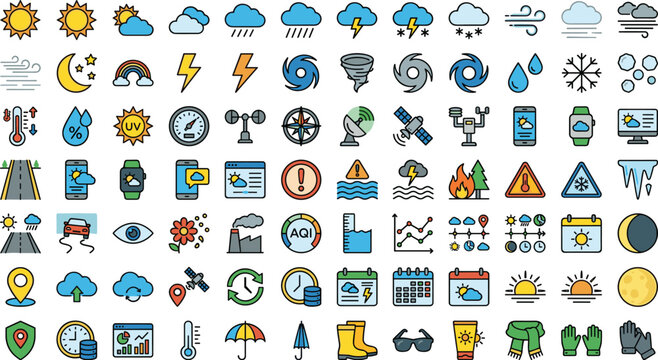 Weather forecast flat vector icon collection with climate conditions natural disaster warnings meteorology instruments and seasonal items