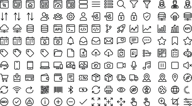 Web interface line icon set including data analytics cloud storage application development ecommerce shopping and user navigation symbols