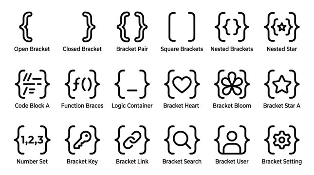 Collection of modern outline icons for web design and development including brackets symbols and various interface elements on white background.