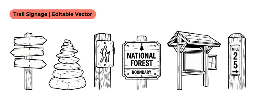 Hiking Trail Wooden Signpost Set with rustic national forest boundary sign, information kiosk booth, stacked stone rock cairn, mile marker post, and blank arrow boards for outdoor park navigation.
