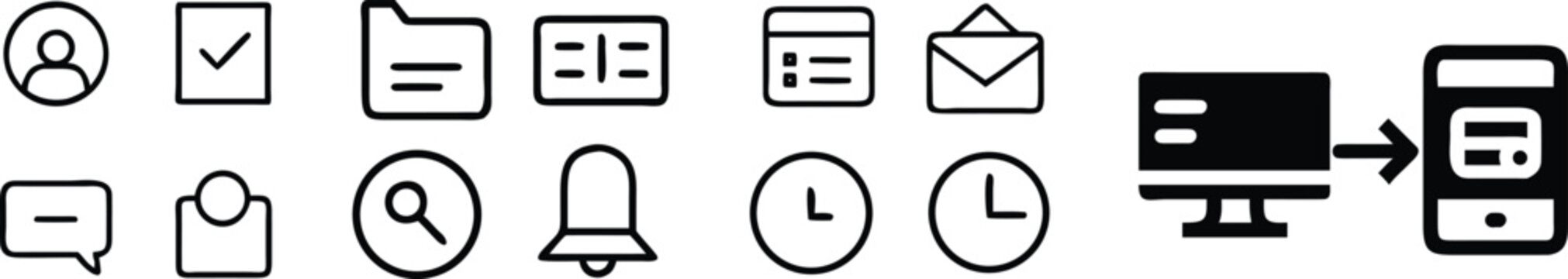 Office and digital interface featuring user profiles, folders, envelopes, clocks, search magnifiers, and screen syncing in black and white