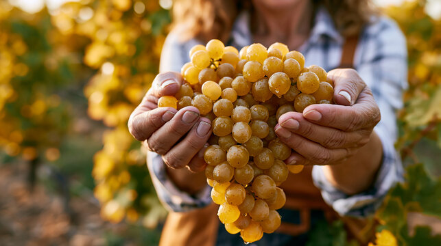 Photorealistic close-up harvest scene in a Mediterranean vineyard, female farmer visible from waist, both hands carefully holding a heavy cluster of ripe golden Muscat grapes just