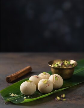 Traditional Indian Sandesh Sweets served on Banana Leaf with Pistachios