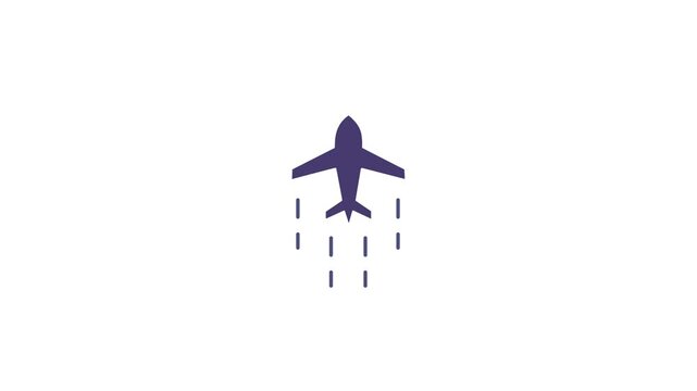 Purple airplane icon with exhaust trails on white background Keywords: airplane, aircraft, plane, jet, travel, transportation, flight, aviation, air travel, journey, trip, vacation, business trip