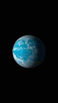 Beautiful blue planet rotates across deep cosmic space backgrounds. Scientific blue planet model displays global geography education graphics. Planetary exploration concept with blue planet.