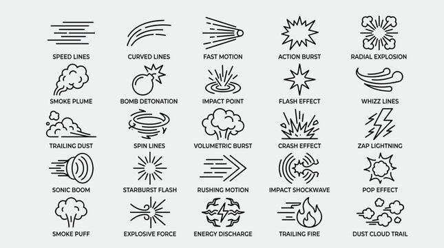 Comic action motion lines and explosion effects set featuring speed smoke impact and energy discharge graphics for dynamic visual storytelling and animation art.
