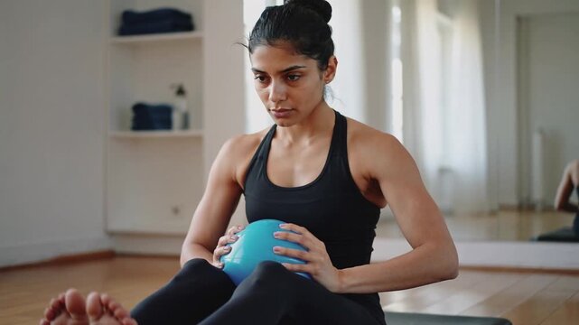 Holding blue ball on inhale, Indian woman in black gear contracting core on mat for strength