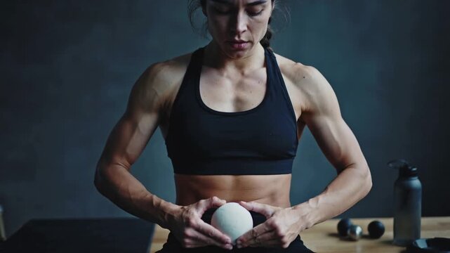 Breathing, woman wearing black sports bra dark bottoms stabilizing white ball for core at gym bench
