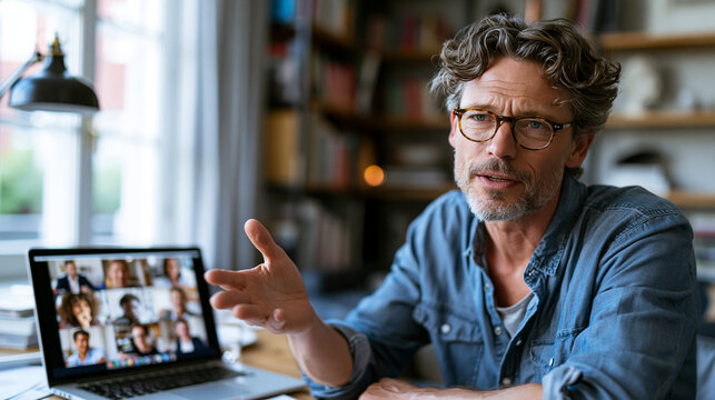 Photorealistic lifestyle scene of a professional man in his 40s attending a video conference from a well-organised home office, laptop showing grid of colleagues on screen, explain