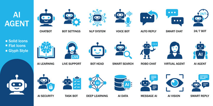 AI agent and chatbot automation glyph solid icon set. Vector illustration of realistic artificial intelligence flat symbol, blue digital assistant technology template on white background.
