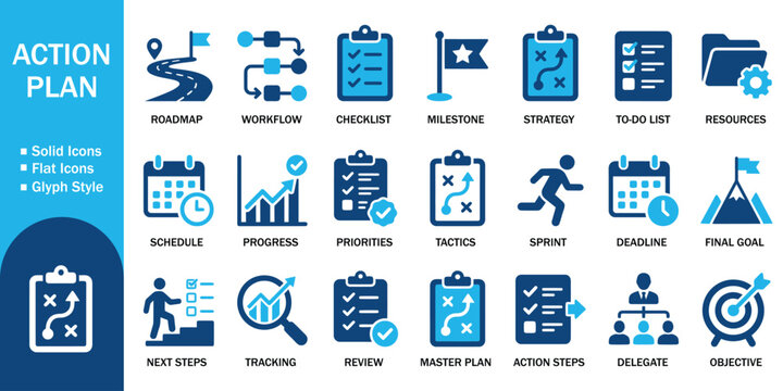 Action plan and business strategy glyph solid icon set. Vector illustration of realistic project management flat symbol, blue corporate planning template on white background.