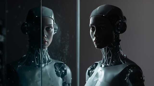Reacting to light shift female android turning head exposing neck in studio glass panel, copy space