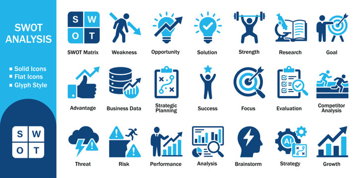 SWOT analysis and business strategy glyph solid icon set. Vector illustration of realistic project management flat symbol, blue corporate planning template on white background.