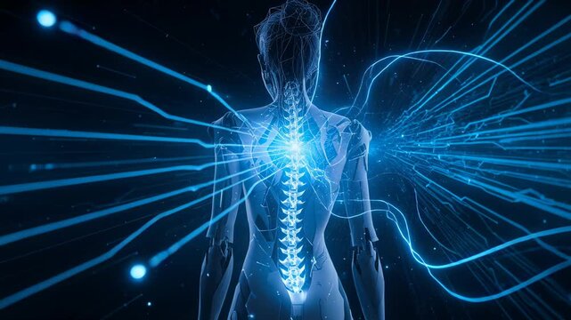 Receiving streams, feminine android linking ribbons to lit spine in space, clear exo syncing nodes
