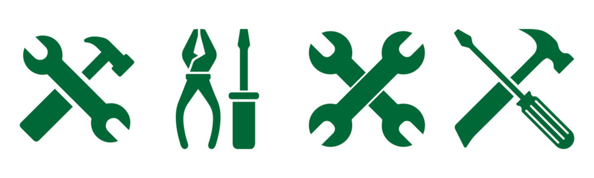 Tools and repair icons set with hammer wrench screwdriver pliers simple black silhouette PNG symbols for maintenance service and construction design on png background.