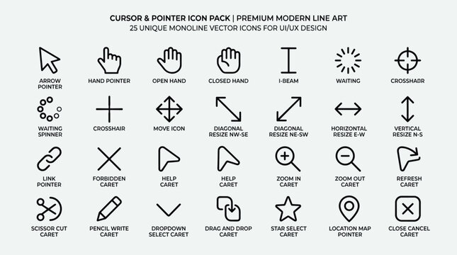 Cursor and pointer icon pack featuring twenty five premium modern monoline vector symbols for ui ux design navigation web interfaces and interactive applications.