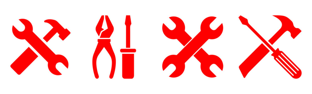 Tools and repair icons set with hammer wrench screwdriver pliers simple black silhouette PNG symbols for maintenance service and construction design on png background.